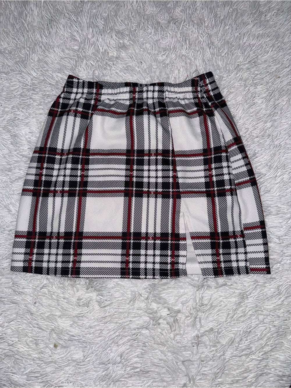 SHEIN White Plaid Mini Skirt with Black & Red Stripes